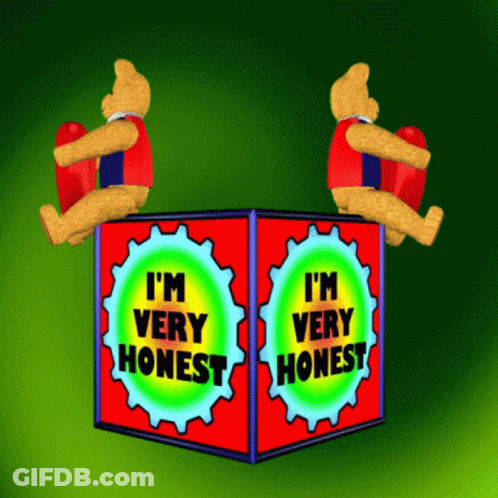 Two Teddy Bears Sitting On Box Saying I'm Very Honest GIF