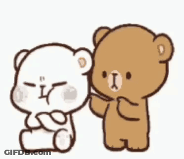 Two Teddy Bears Sitting Together One Touching Other's Head GIF