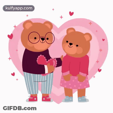 Two Teddy Bears Standing Next To Each Other In Front Of A Heart GIF
