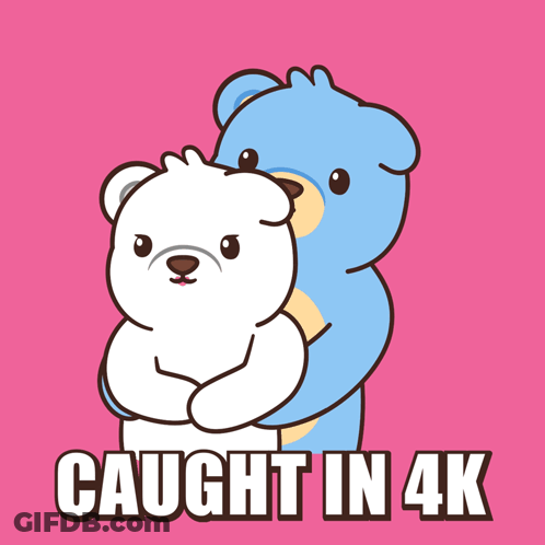 Two Teddy Bears Standing Next To Each Other With The Words Caught In 4K GIF