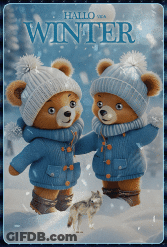 Two Teddy Bears Wearing Blue Sweaters And Hats Are Standing In The Snow With A Wolf And The Words Hallo Winter GIF