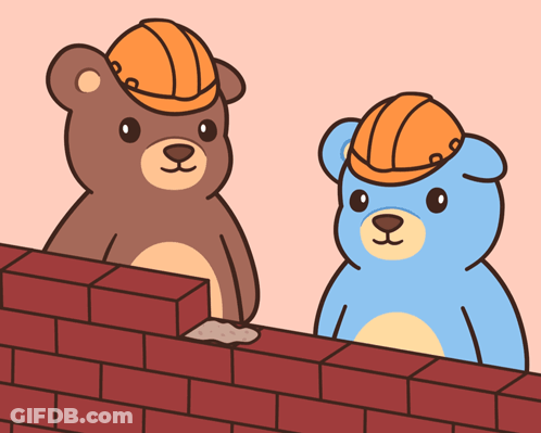 Two Teddy Bears Wearing Hard Hats Are Standing Next To Each Other On A Brick Wall GIF