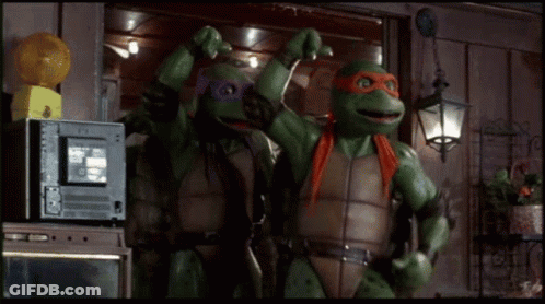 Two Teenage Mutant Ninja Turtles Are Posing For A Photo GIF