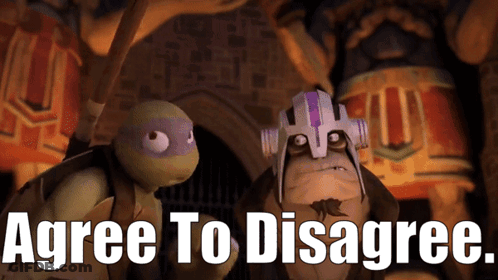 Two Teenage Mutant Ninja Turtles Are Standing Next To Each Other With The Words Agree To Disagree Above Them GIF