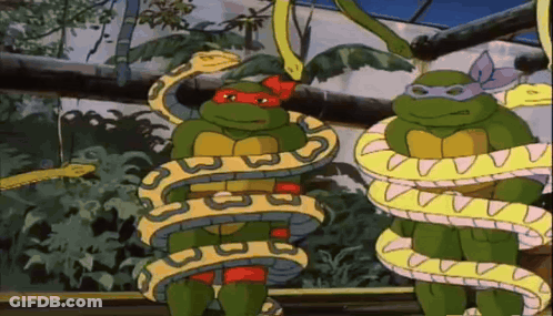 Two Teenage Mutant Ninja Turtles Being Eaten By Snake GIF