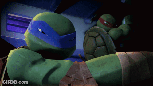 Two Teenage Mutant Ninja Turtles Standing Together GIF