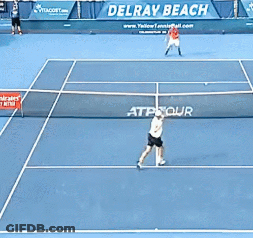 Two Tennis Players On Court With Delray Beach Banner GIF