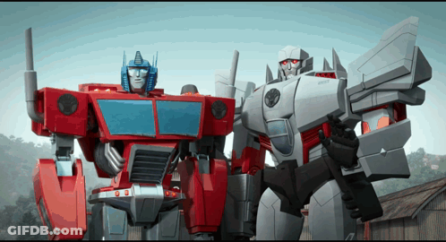 Two Transformers One With Blue Head GIF