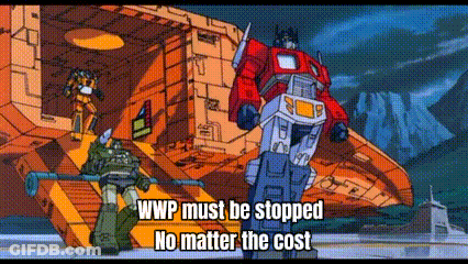 Two Transformers Standing In Front Of Building Saying WWP Must Be Stopped No Matter GIF