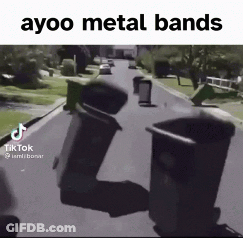 Two Trash Cans Walking With Ayoo Metal Bands GIF