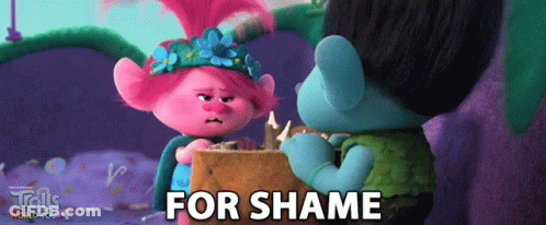Two Trolls Are Standing Next To Each Other And The Word For Shame Is On The Screen GIF