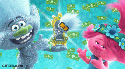 Two Trolls Are Standing Next To Each Other In Front Of A Pile Of Dollar Bills GIF