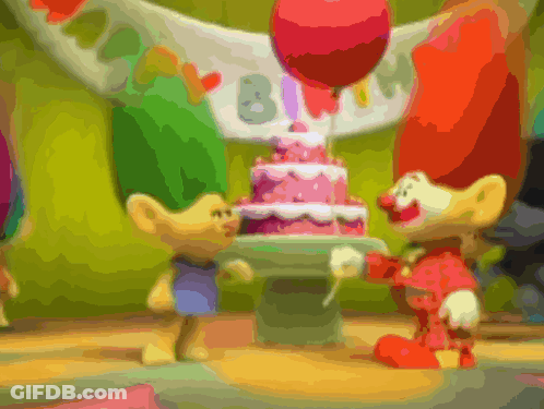 Two Trolls Standing In Front Of A Birthday Cake With Balloons And A Banner That Says Birthday GIF