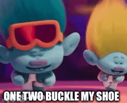 Two Trolls Wearing Sunglasses Are Dancing With The Caption One Two Buckle My Shoe . GIF
