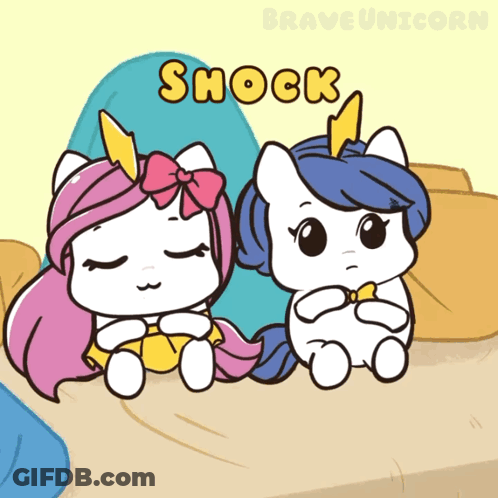 Two Unicorns Are Sitting Next To Each Other And The Word Shock Is On The Bottom Right GIF