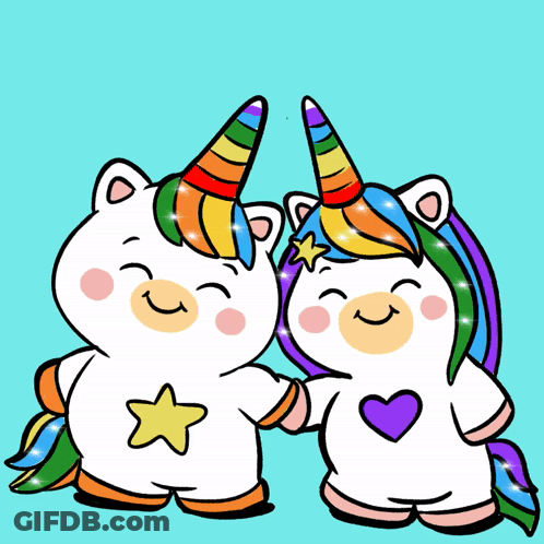 Two Unicorns Are Standing Next To Each Other And Smiling GIF