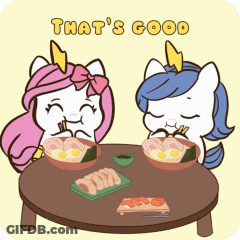 Two Unicorns Eating Food Saying That's Good GIF