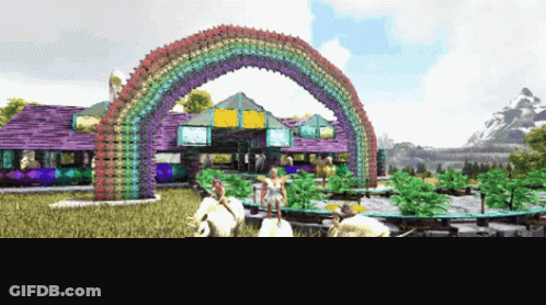 Two Unicorns In Front Of Rainbow Arch GIF