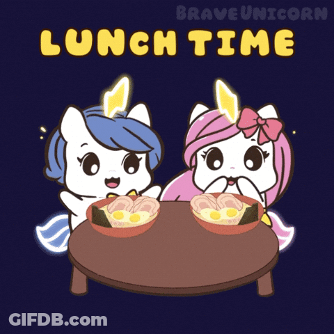 Two Unicorns Sit At A Table With Bowls Of Food And The Words Lunch Time Below Them GIF