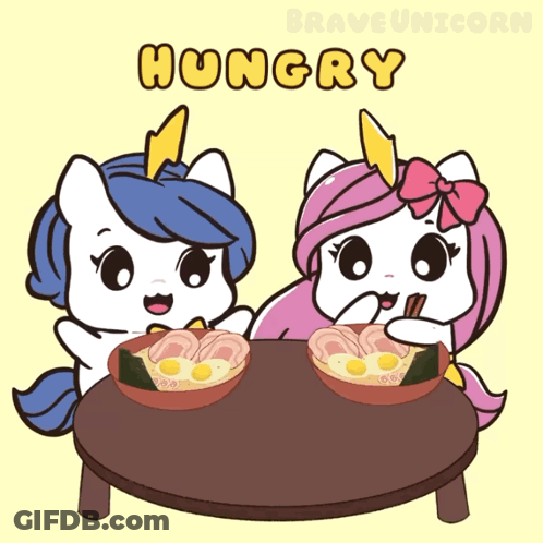 Two Unicorns Sitting With Food Bowls GIF