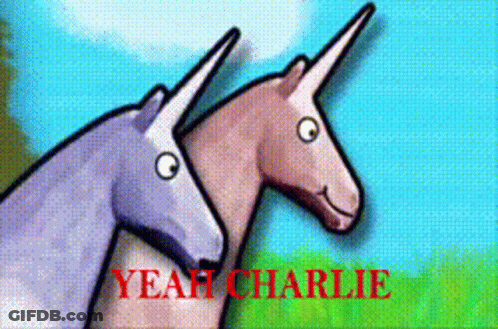 Two Unicorns With Yeah Charlie In Red GIF