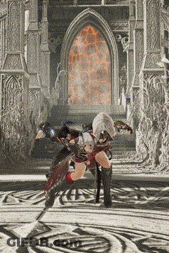 Two Video Game Characters Fighting Before Large Archway GIF