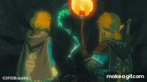 Two Video Game Characters Standing Next To Each Other Holding A Torch With Make A Gif.com In The Bottom Right Corner GIF