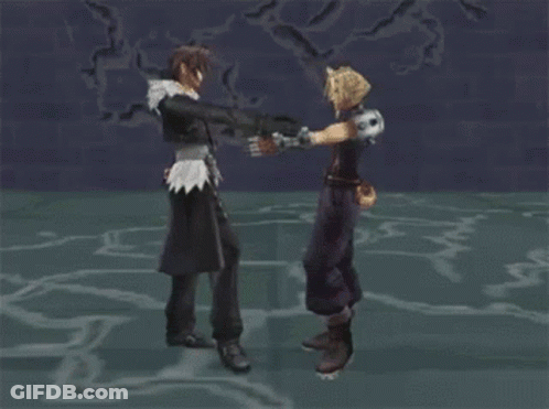 Two Video Game Characters Standing Next To Each Other Holding Hands GIF