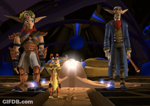 Two Video Game Characters Standing Next To Each Other In A Room GIF