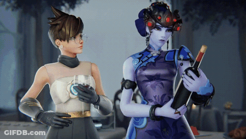 Two Video Game Characters Standing Next To Each Other One Holding A Wine Bottle GIF