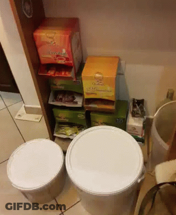 Two White Buckets Are Sitting In Front Of A Shelf With Boxes On It Including One That Says " Cocktail " GIF