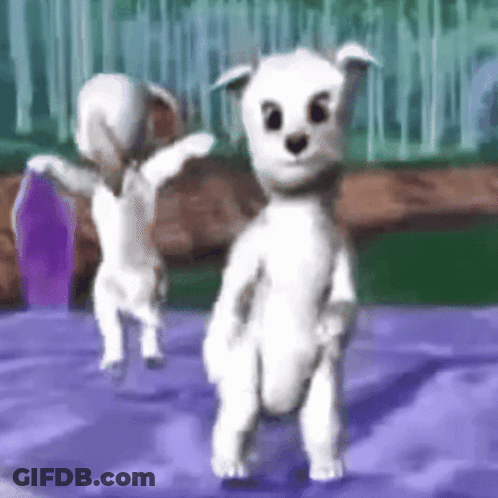 Two White Cartoon Dogs Are Dancing On A Purple Surface . GIF