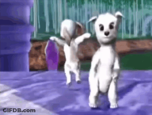 Two White Dogs Are Standing Next To Each Other On A Blue Surface . GIF