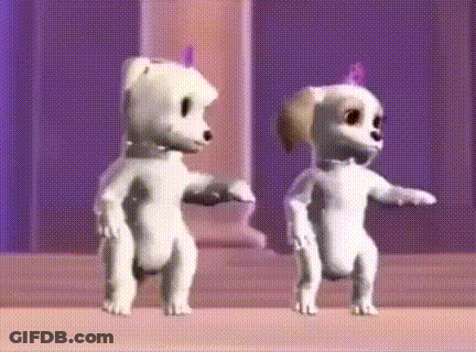 Two White Teddy Bears Are Dancing In Front Of A Purple Background . GIF