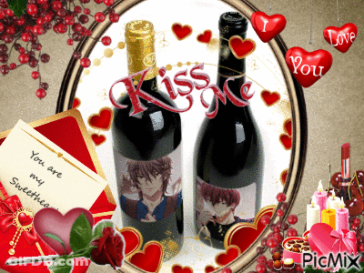 Two Wine Bottles Surrounded By Hearts GIF