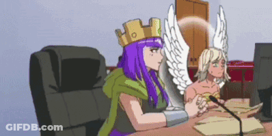 Two Winged Women Sitting At Desk With Computer Monitor GIF