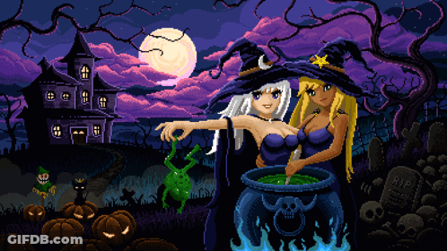 Two Witches Are Standing Next To A Cauldron With A Frog In It GIF