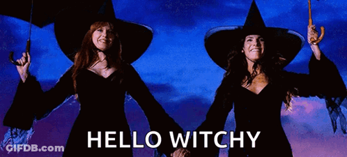 Two Witches Holding Umbrellas With The Words Hello Witchy Written Below Them GIF