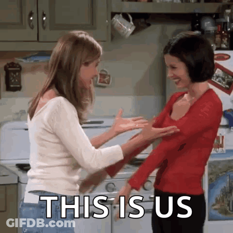Two Women Are Dancing In A Kitchen With The Words This Is Us Written On The Bottom GIF