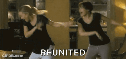 Two Women Are Dancing In A Living Room And The Word Reunited Is On The Bottom Right GIF