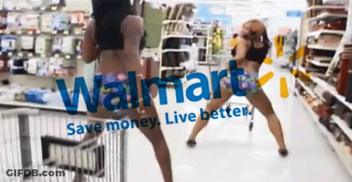 Two Women Are Dancing In A Walmart Store With The Slogan Save Money Live Better GIF