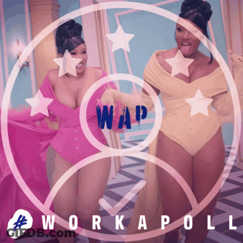Two Women Are Dancing In Front Of A Circle With The Word Wap On It GIF