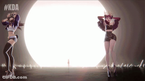 Two Women Are Dancing In Front Of A Large White Circle With The Hashtag #Kda On The Bottom GIF