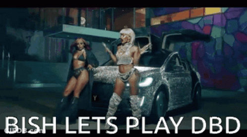 Two Women Are Dancing In Front Of A Silver Car That Says ' Bish Lets Play Dbd ' GIF