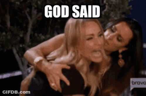 Two Women Are Hugging Each Other With The Words `` God Said '' Written On The Bottom . GIF
