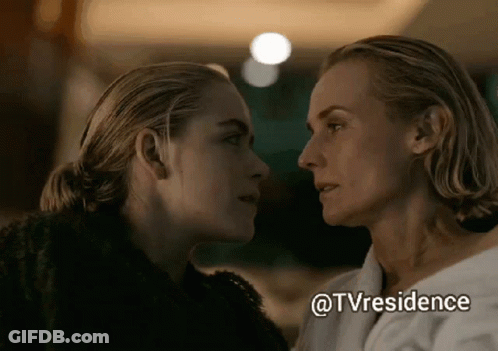 Two Women Are Looking At Each Other With A Caption That Says Tvresidence . GIF