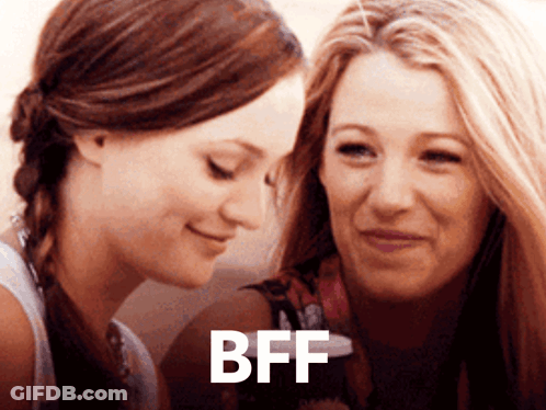 Two Women Are Looking At Each Other With The Word Bff In The Corner GIF