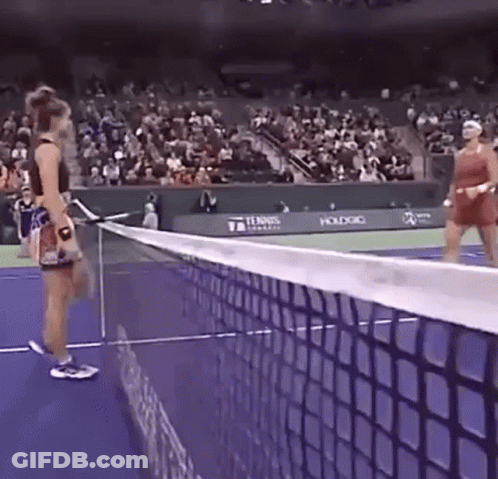 Two Women Are Playing Tennis On A Tennis Court . GIF