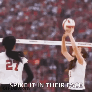 Two Women Are Playing Volleyball On A Court And One Of Them Is Holding A Volleyball In Her Hand . GIF