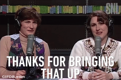 Two Women In Front Of Microphones Thanks For Bringing That Up GIF